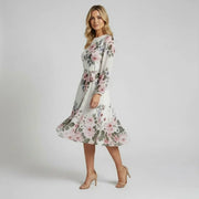 Women's Floral A-Line Midi Dress Long Sleeve Tie Belt