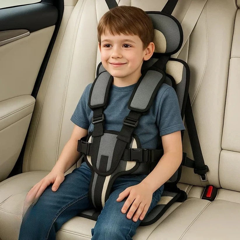 Foldable portable child car seat with integrated harness installed on a vehicle seat
