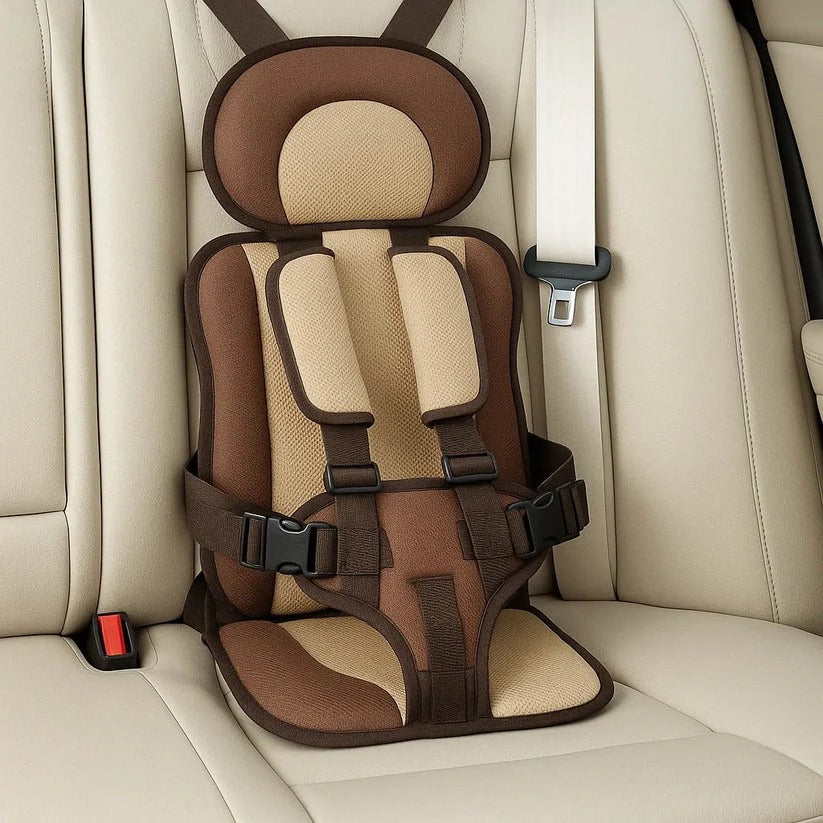 Foldable portable child car seat with integrated harness installed on a vehicle seat