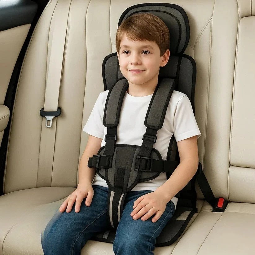 Foldable portable child car seat with integrated harness installed on a vehicle seat