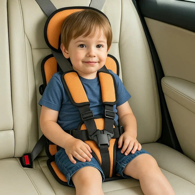 Foldable portable child car seat with integrated harness installed on a vehicle seat