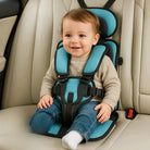 Foldable portable child car seat with integrated harness installed on a vehicle seat