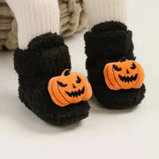 Kids Halloween Slippers - Fleece Ankle High Pumpkin & Spider Design