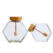 Glass Honey Jar - Hexagonal Bamboo Dipper Design