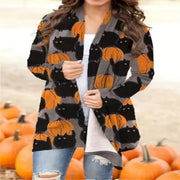 Skylar - Pumpkin & Black Cat Print Women's Halloween Cardigan