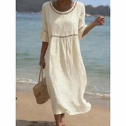 Women's Linen Dress - Eyelet Detail Flared Sleeves