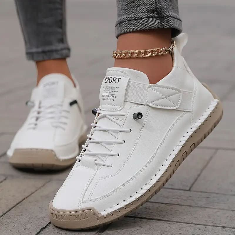 Women's lace-up walking sneakers with ankle design and flat sole