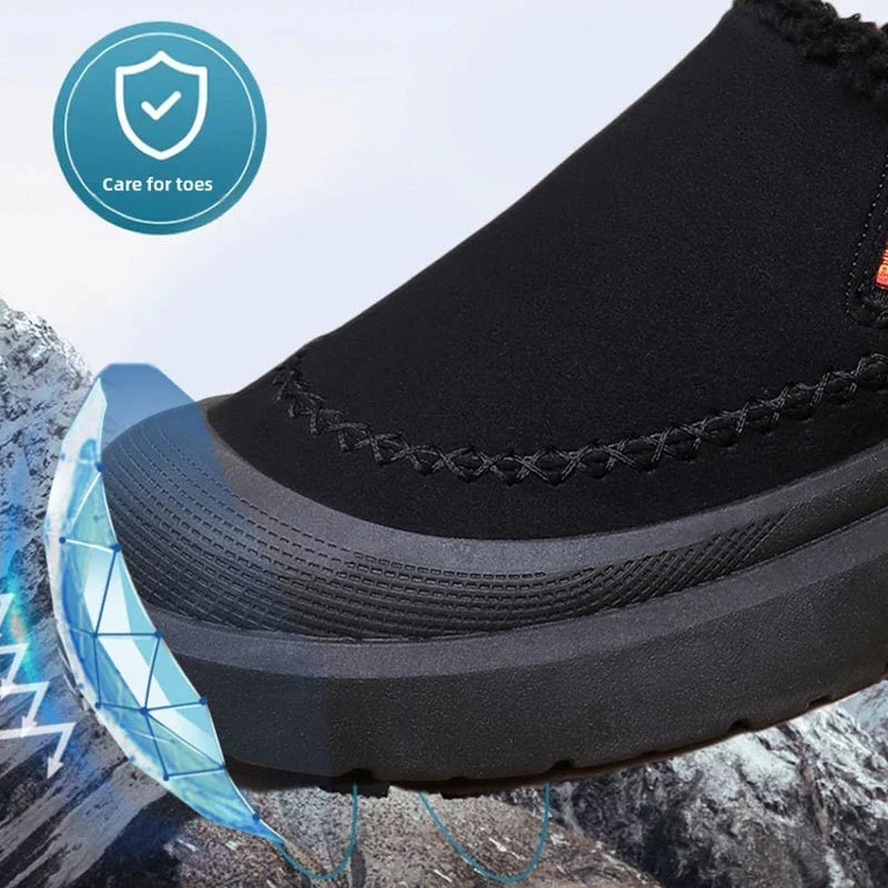 Women's slip-on shoes with plush lining, rounded toe, and layered sole