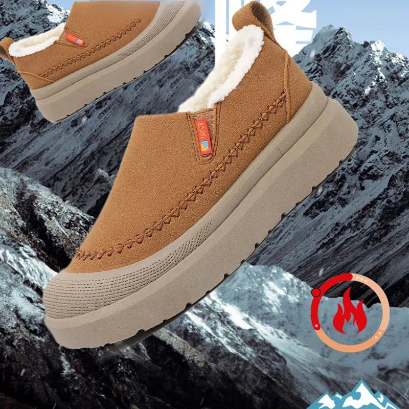 Women's slip-on shoes with plush lining, rounded toe, and layered sole
