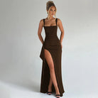 Women's square neck maxi dress with high side slit and wide shoulder straps