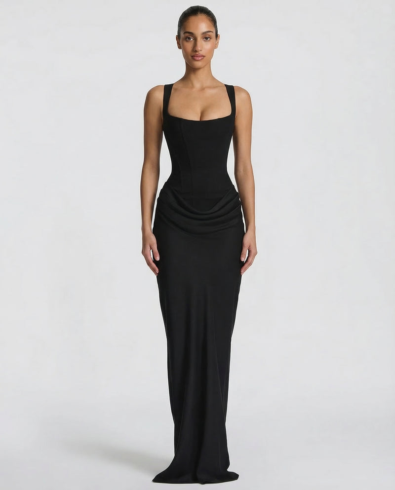 Women's satin corset maxi dress with square neckline and ruched hips