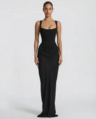 Women's satin corset maxi dress with square neckline and ruched hips