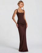 Women's satin corset maxi dress with square neckline and ruched hips