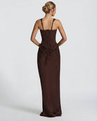 Women's satin corset maxi dress with square neckline and ruched hips