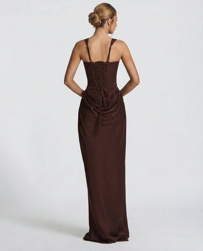 Women's satin corset maxi dress with square neckline and ruched hips