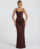 Women's satin corset maxi dress with square neckline and ruched hips