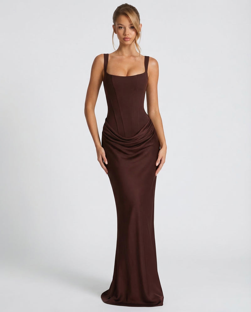 Women's satin corset maxi dress with square neckline and ruched hips