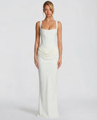 Women's satin corset maxi dress with square neckline and ruched hips