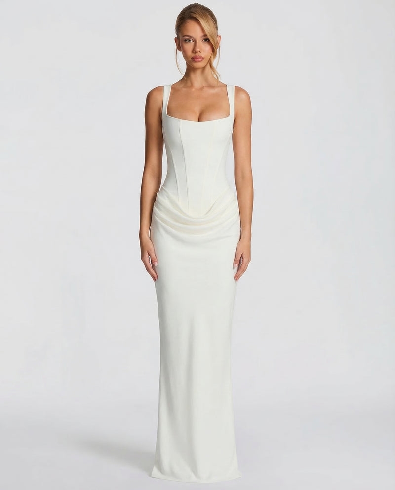 Women's satin corset maxi dress with square neckline and ruched hips