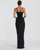 Women's satin corset maxi dress with square neckline and ruched hips