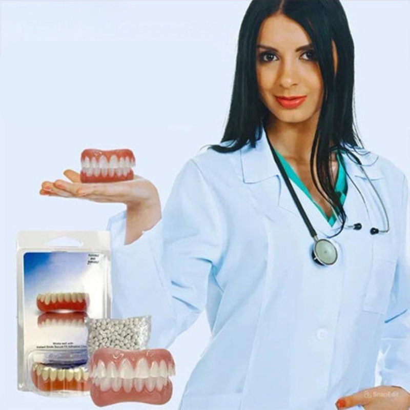 Removable upper and lower dental prosthesis set with pink gum sections and white teeth