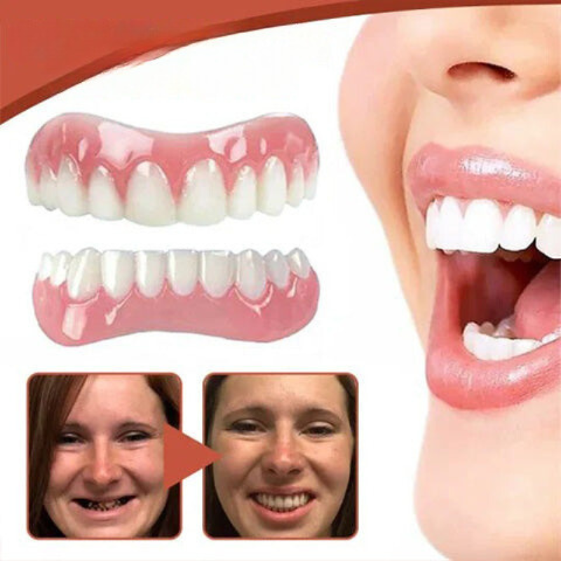 Removable upper and lower dental prosthesis set with pink gum sections and white teeth