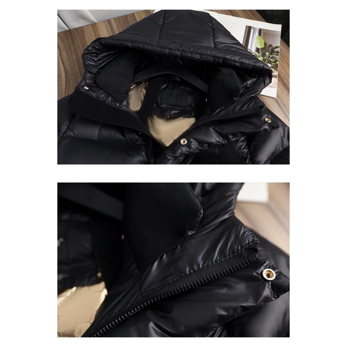 Women's black long hooded quilted puffer winter jacket