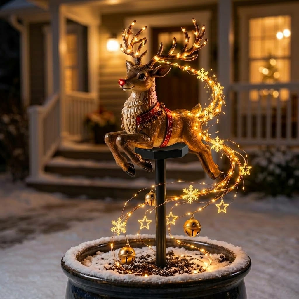 Christmas garden stake light with a decorative figure and warm white festive light strands