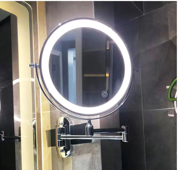 Black wall mounted LED makeup mirror with adjustable swing arm
