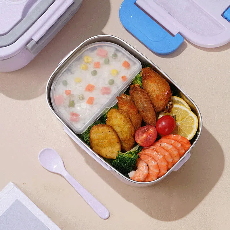 1.5L electric lunch box food warmer with carry bag, utensils, and power cords