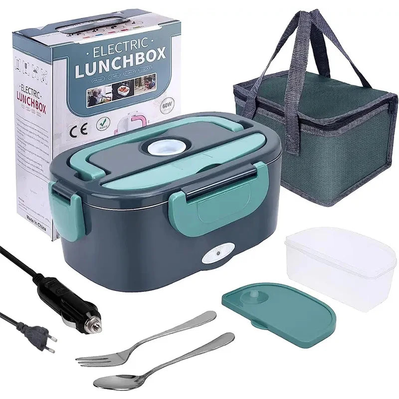 1.5L electric lunch box food warmer with carry bag, utensils, and power cords