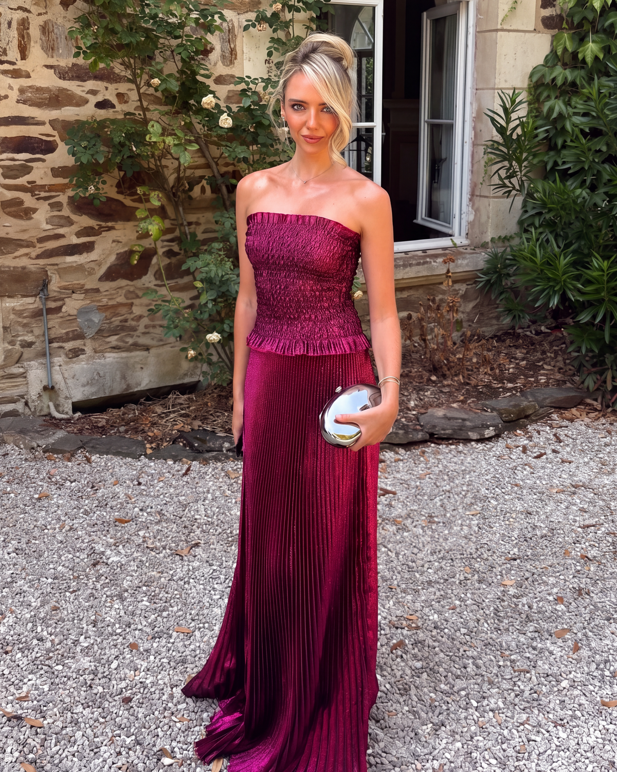 Berry glitter strapless maxi dress with fitted bodice and floor-length flared hem