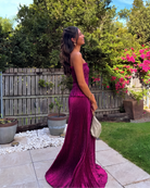 Berry glitter strapless maxi dress with fitted bodice and floor-length flared hem
