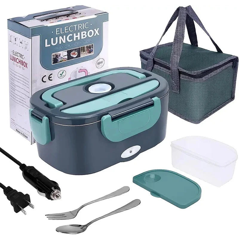 1.5L electric lunch box food warmer with carry bag, utensils, and power cords