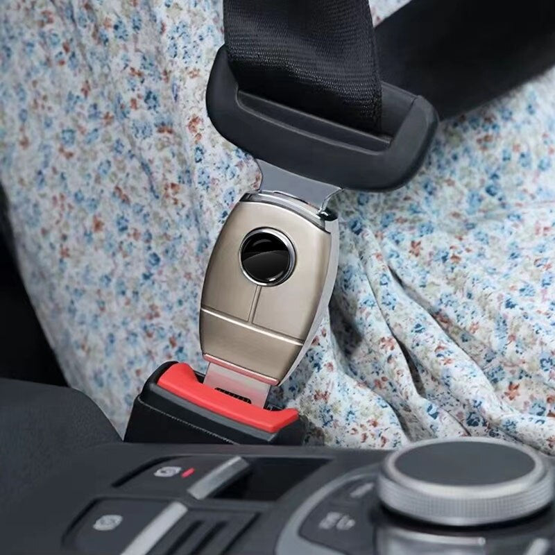 BeltLock car seat belt extender connected to a vehicle seat belt buckle