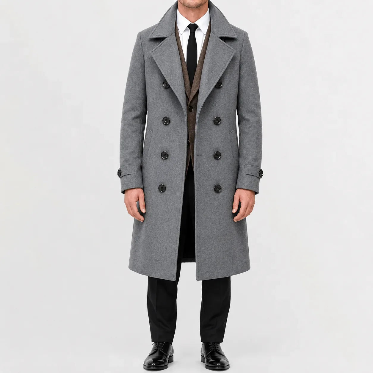 Men's long double-breasted trench coat with notched lapels and cuff tabs