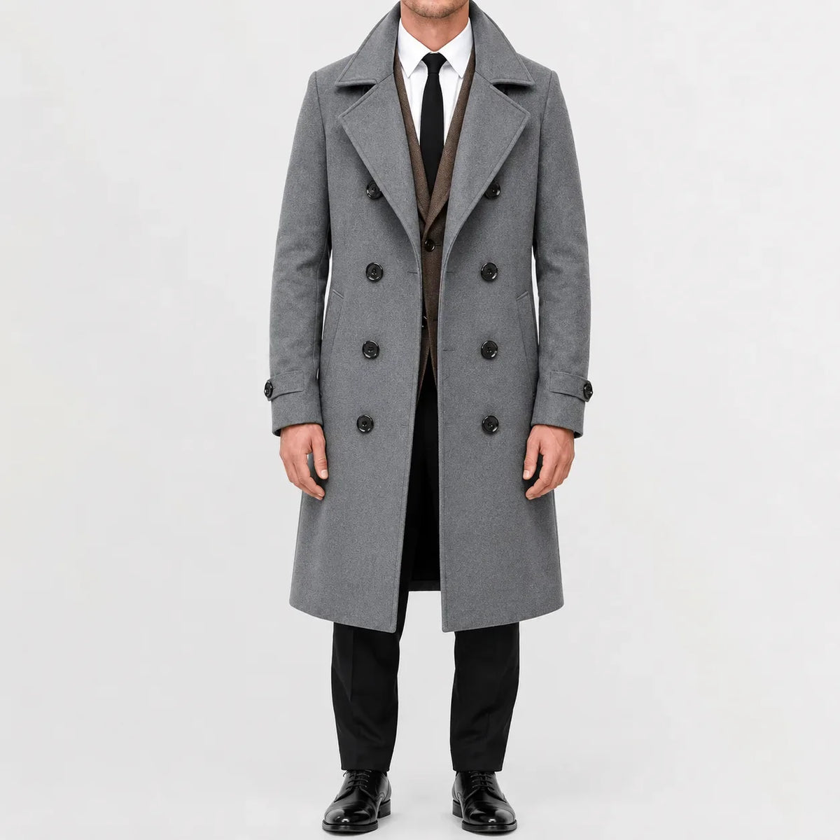 Men's long double-breasted trench coat with notched lapels and cuff tabs