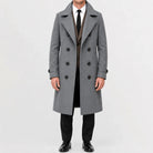 Men's long double-breasted trench coat with notched lapels and cuff tabs