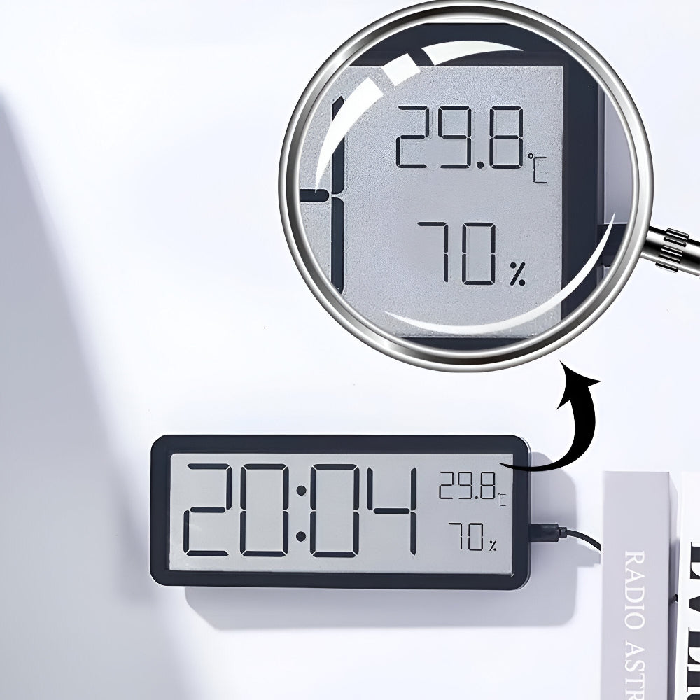 Digital wall clock displaying time, temperature, and humidity