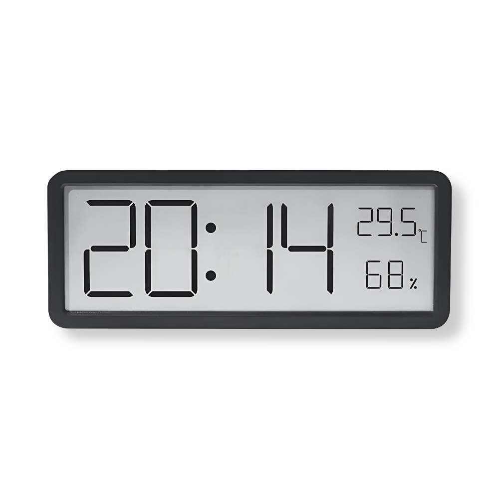 Digital wall clock displaying time, temperature, and humidity