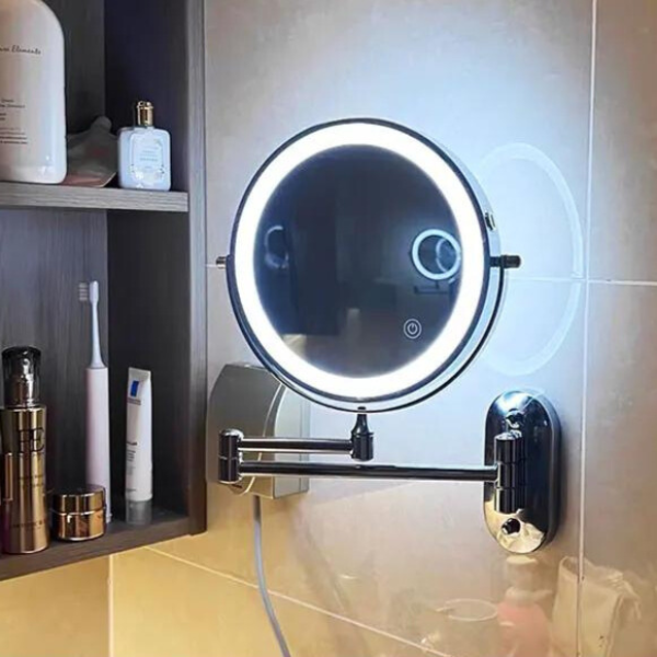 Black wall mounted LED makeup mirror with adjustable swing arm