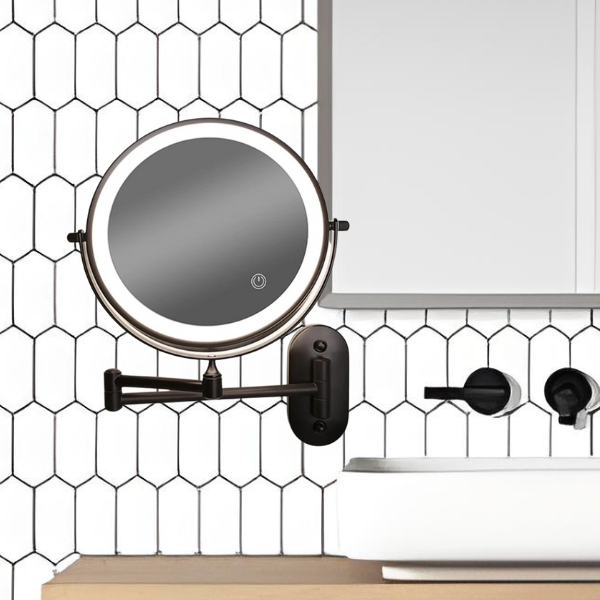 Black wall mounted LED makeup mirror with adjustable swing arm