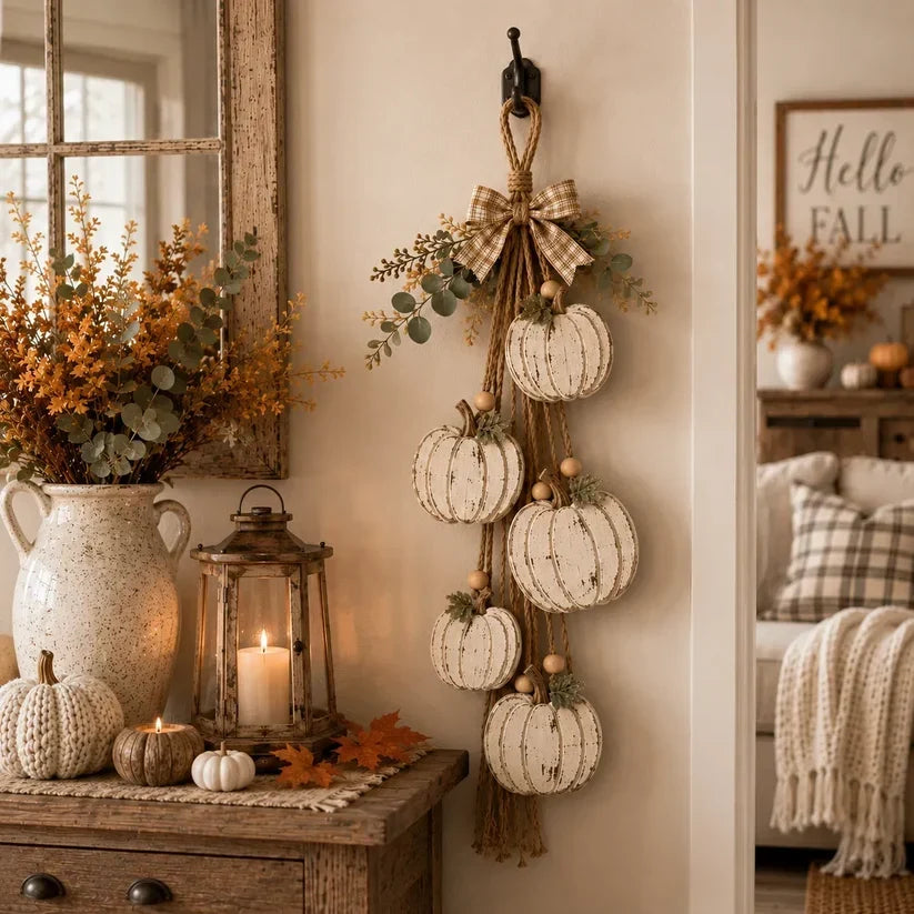 Rustic white pumpkin wall hanging with rope, greenery and plaid bow