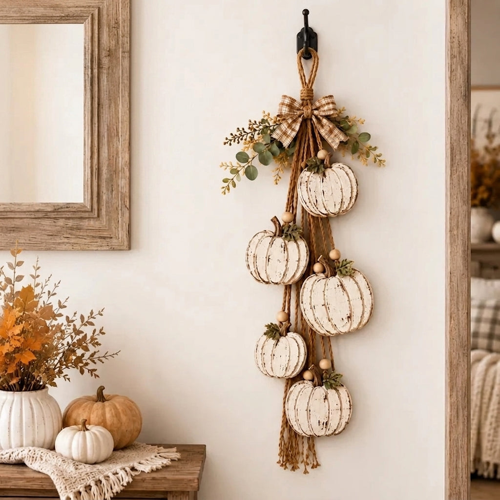 Rustic white pumpkin wall hanging with rope, greenery and plaid bow