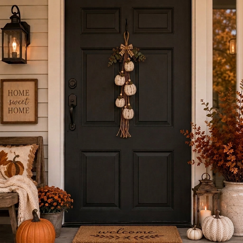 Rustic white pumpkin wall hanging with rope, greenery and plaid bow