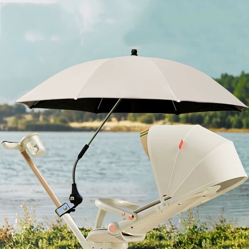 Cream UV stroller sunshade with bendable arm and universal clamp