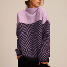 Women's relaxed turtleneck sweater with geometric chevron pattern and long sleeves
