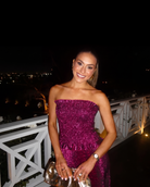 Berry glitter strapless maxi dress with fitted bodice and floor-length flared hem