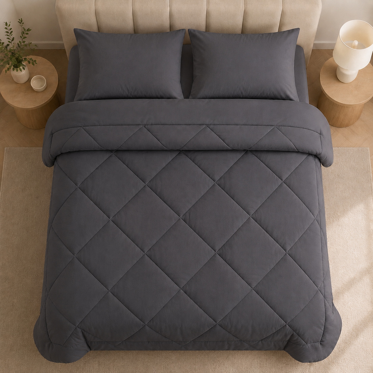 Quilted comforter with geometric diamond stitching on a bed