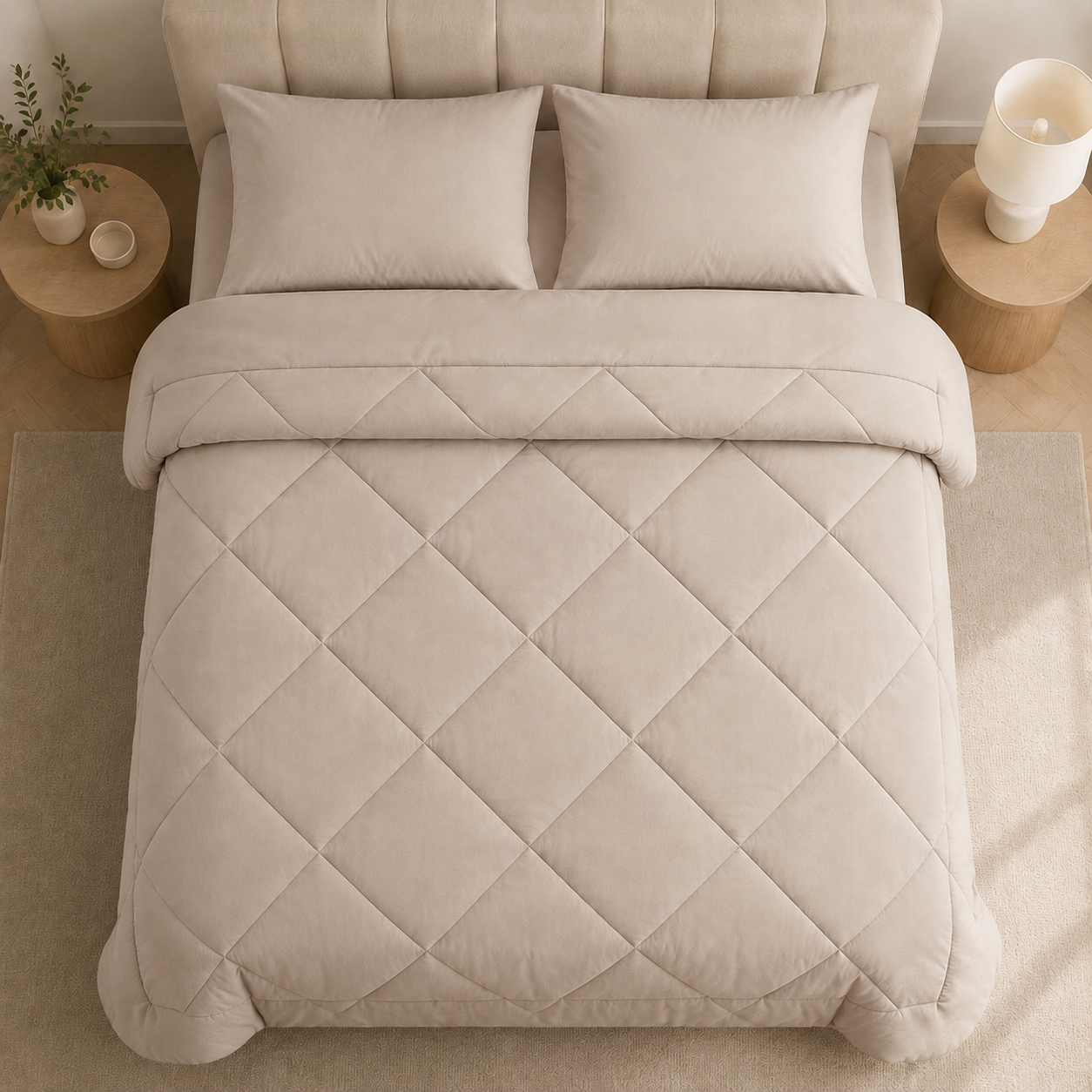 Quilted comforter with geometric diamond stitching on a bed